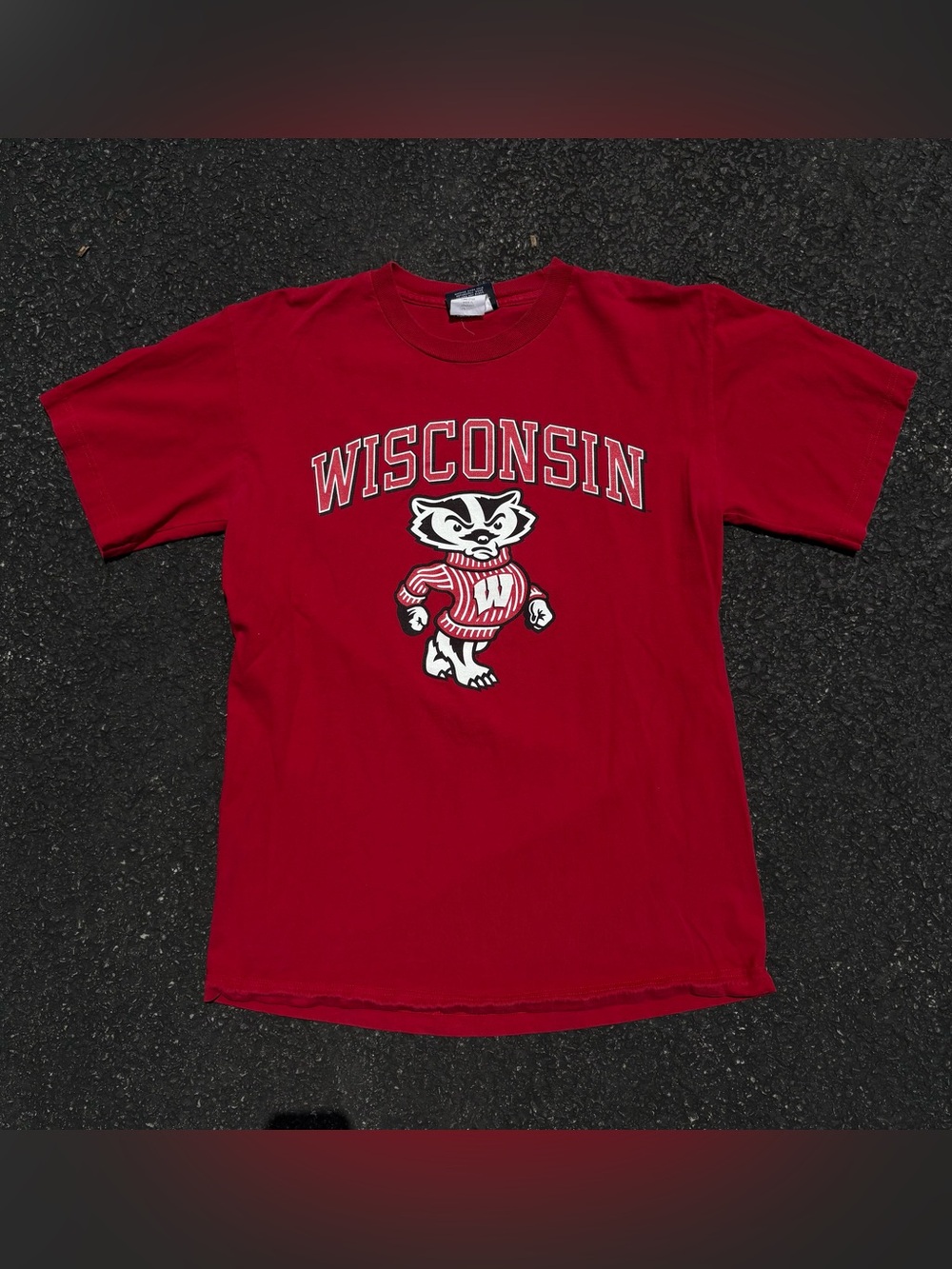 Vintage Wisconsin Badgers Double Sided Jansport Red Graphic T-Shirt Size M Y2K